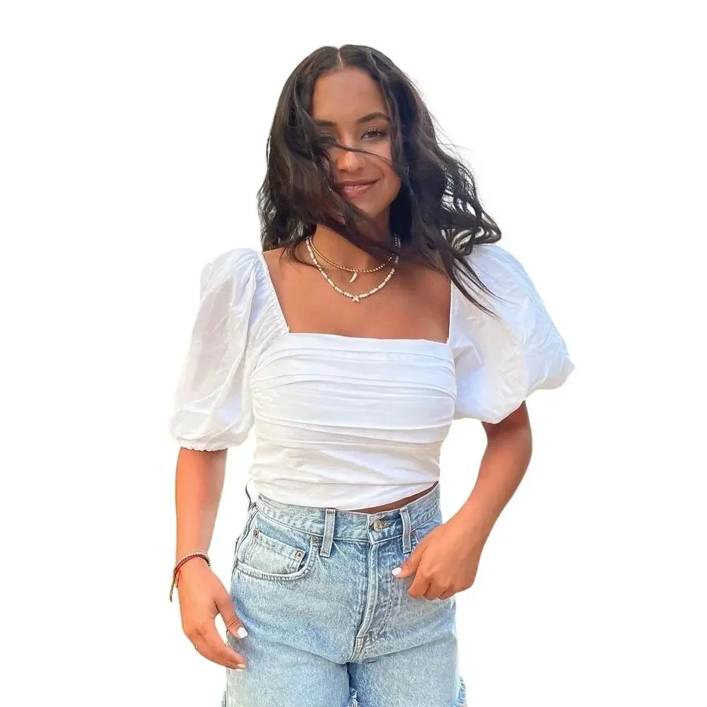 Abercrombie & Fitch Crop Top Square Neck Puff Sleeves White Size XS